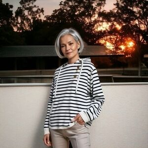 Ralph Lauren Jeans Women's Striped Hoodie XL Navy Blue Cotton LRL Sweatshirt VG